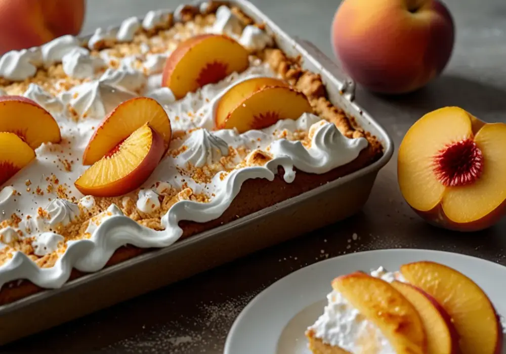 Jak przygotować ciasto z brzoskwiniami i bezą na dużą blachę? Przepis