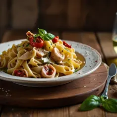 Makaron tagliatelle z kurczakiem i suszonymi pomidorami: Przepis